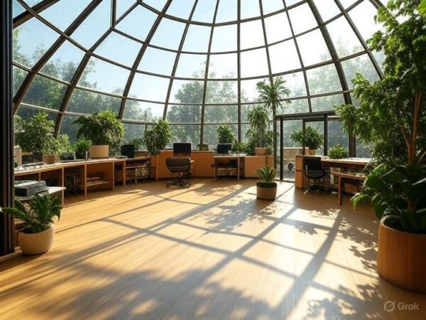 Glass-domed workspace with natural light streaming through pentagonal panels