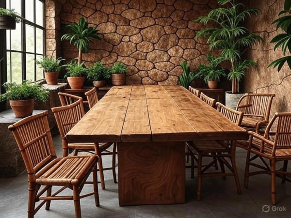 Meeting area with wooden table, bamboo chairs, and stone wall in a biophilic workspace