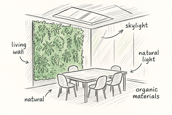 Student sketch of a biophilic meeting room with annotated green wall and skylight