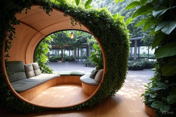 Treehouse-like meeting pod with open plaza in a biophilic workspace